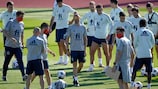 Spain's coach Luis Enrique oversees the pre-match training session