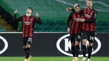 GLASGOW, SCOTLAND - OCTOBER 22: Brahim Diaz of AC Milan celebrates after scoring his sides second goal during the UEFA Europa League Group H stage match between Celtic and AC Milan at Celtic Park on October 22, 2020 in Glasgow, Scotland. Sporting stadiums around the UK remain under strict restrictions due to the Coronavirus Pandemic as Government social distancing laws prohibit fans inside venues resulting in games being played behind closed doors. (Photo by Ian MacNicol - UEFA/UEFA via Getty Images)