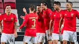 O Benfica festeja um dos 18 golos marcados na fase de grupos da UEFA Europa League de 2020/21
