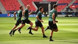 English referee Anthony Taylor (second left) and his team colleagues prepare for last September's UEFA Super Cup match in Budapest.  