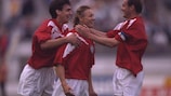 Valerie Karpine celebrates a goal for Russia  against Finland in 1995