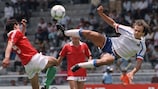 French midfielder Michel Platini challenges Hungary's László Dajka at the 1986 World Cup 