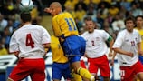 Henrik Larsson heads the ball during the teams' 2004 friendly