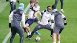Raheem Sterling tries his luck in training on Tuesday