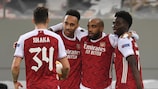 Arsenal celebrate scoring against Benfica in the UEFA Europa League round of 32