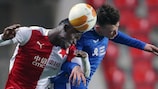 Slavia's Abdallah Sima competes with Rangers' Nathan Patterson