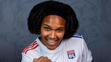 Wendie Renard gets in some celebration practice during a UEFA photoshoot
