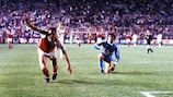 Preben Elkjaer fête son but face à la Belgique à La Meinau lors de l'EURO 1984 ( Photo by Max Colin / Onze / Icon Sport )