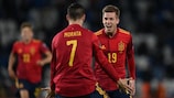 Lo spagnolo Daniel Olmo festeggia il suo gol segnato sul finale contro la Georgia