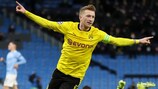 Marco Reus celebrates his goal against Manchester City that saw him become Dortmund's top scorer in the competition's history.