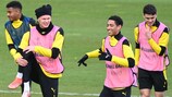 Erling  Haaland e Jude Bellingham no treino  do Dortmund antes de defrontarem o Manchester City