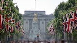 A view of Buckingham Palace in London, down The Mall