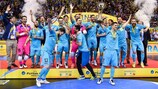ZARAGOZA, SPAIN - APRIL 22: Inter FS players and staff celebrate with the trophy after the UEFA Futsal Cup 2018 Final match between Sporting Clube de Portugal and Inter FS at Pabellón Príncipe Felipe on April 22, 2018 in Zaragoza, Spain. (Photo by: Seb Daly - UEFA/UEFA via Sportsfile)