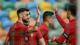 Bruno Fernandes (esquerda), João Cancelo (centro) e Cristiano Ronaldo  marcaram os golos de Portugal no último jogo antes da estreia no EURO 2020