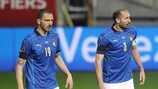 PARMA, ITALY - MARCH 25: Leonardo Bonucci and Giorgio Chiellini of Italy during the FIFA World Cup 2022 Qatar qualifying match between Italy and Northern Ireland at Stadio Ennio Tardini on March 25, 2021 in Parma, Italy. (Photo by Jonathan Moscrop/Getty Images)