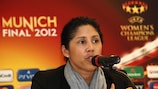 UEFA 2012 Women's Champions League final amabassador Steffi Jones speaks at the ticket launch