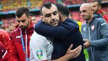 Goran Pandev is embraced by North Macedonia coach Igor Angelovski after their final EURO 2020 game