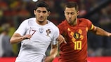 Gonçalo Guedes and Eden Hazard during a 2018 friendly between Belgium and Portugal
