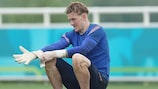 Jordan Pickford takes a breather during England training 