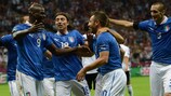 Italy's Mario Balotelli is congratulated after scoring against Germany in 2012