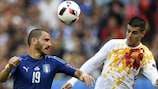 Italy's Leonardo Bonucci takes on Spain forward Álvaro Morata at EURO 2016