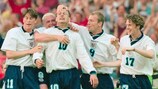 Darren Anderton, Paul Gascoigne, Teddy Sheringham, Alan Shearer and Steve McManaman celebrate a goal against the Netherlands