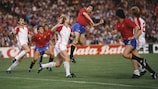 Action from Denmark against Spain in 1984