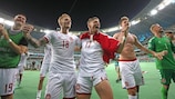 Denmark celebrate the victory that took them to Wembley