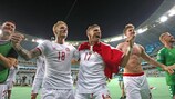 La Danimarca festeggia la vittoria che l'ha portata a Wembley