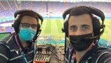 San Marino Football Federation (FSGC) colleagues Andrea Zoppis and Luca Pelliccioni providing ADC commentary at the opening game of EURO 2020