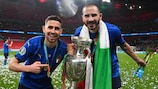 Jorginho and Leonardo Bonucci celebrate Italy's triumph