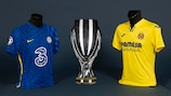 The UEFA Super Cup trophy and the jerseys of the sides who will play for it in 2021