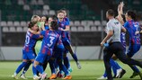Vllaznia celebrate beating Ferencváros on penalties