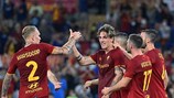 La gioia dei giocatori della Roma dopo il gol del raddoppio al Trabzonspor realizzato da Nicolò Zaniolo
