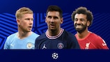 Kevin De Bruyne (Manchester City), Lionel Messi (Paris) e Mohamed Salah (Liverpool)