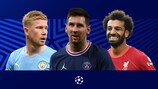Kevin De Bruyne (Manchester City), Lionel Messi (Paris) e Mohamed Salah (Liverpool)