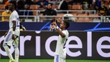 Rodrygo, attaccante brasiliano del Real Madrid, esulta dopo il gol vittoria sul campo dell'Inter