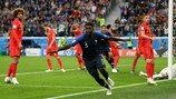 Samuel Umtiti após marcar o golo vitorioso da França frente à Bélgica nas meias-finais do Mundial de 2018