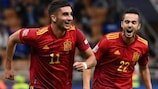 Ferran Torres della Spagna esulta: le Furie Rosse hanno sconfitto 2-1 l'Italia a San Siro in UEFA Nations league