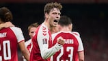 Andreas Skov Olsen celebrates a Denmark goal
