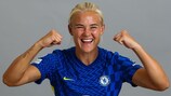 COBHAM, ENGLAND - SEPTEMBER 07: Pernille Harder of Chelsea poses during the UEFA Women's Champions League Portraits on September 07, 2021 in Cobham, England. (Photo by Christopher Lee - UEFA/UEFA via Getty Images)