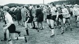 Hyssna (striped shirts) and Öxabäck take the field for the first-ever women's league match in Sweden in April 1968