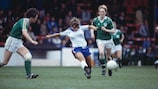 England's Gillian Coultard (centre) in action in a qualifying match against Northern Ireland in the inaugural UEFA Competition for Women's National Representative Teams in September 1983. 