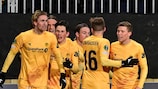 Bodø/Glimt celebrate one of their six goals against Roma