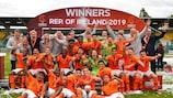 DUBLIN, IRELAND - MAY 19: Netherlands players and staff celebrate following the 2019 UEFA European Under-17 Championship final match between Netherlands and Italy at Tallaght Stadium, in Tallaght, Dublin, Ireland on May 19, 2019. (Photo by Seb Daly - UEFA/UEFA via Sportsfile)
