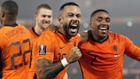 Memphis Depay and Steven Bergwijn celebrate the Netherlands' second against Norway