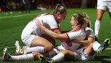 Ellen White (right) is congratulated after becoming England's all-time top scorer