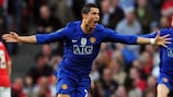 Cristiano Ronaldo celebrates a 2008/09 Champions League semi-final goal in his first spell at Manchester United