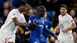 N'Golo Kanté under pressure during LOSC's 2019 UEFA Champions League game at Chelsea