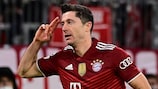 Robert Lewandowski celebrates one of his four goals against Benfica in the 2021/22 UEFA Champions League group stage